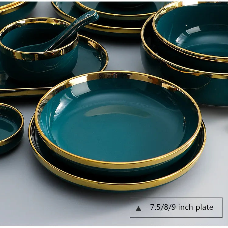 Green With Gold Inlay Quality Plates Full Set Luxury Steak Food Tray Ceramic Dinner Dish Salad Bowl Spoon Porcelain Dinnerware