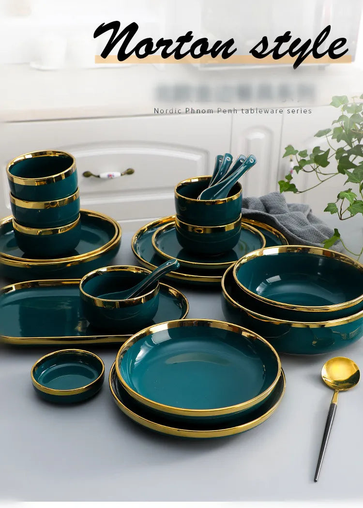 Gilt Rim Green Ceramic Plate Steak Food Plates Bowls Ins Dinner Dish Luxurious Porcelain Dinnerware Set For Family Hotel