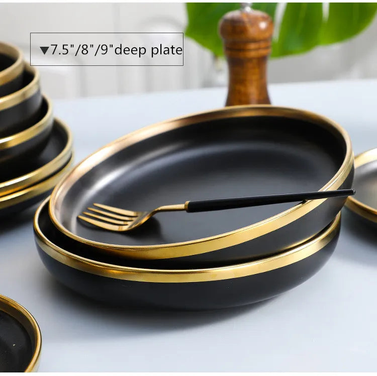 Gilt Rim Black Porcelain Dinner Plates Kitchen Dishes Ceramics Tableware Food Tray Rice Salad Noodles Bowl Cutlery Set