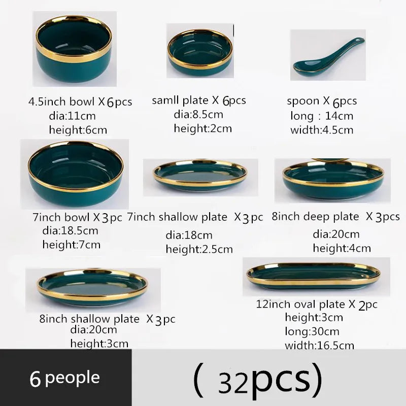 Green With Gold Inlay Quality Plates Full Set Luxury Steak Food Tray Ceramic Dinner Dish Salad Bowl Spoon Porcelain Dinnerware