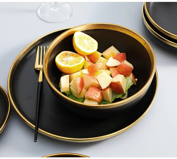 Gilt Rim Black Porcelain Dinner Plates Kitchen Dishes Ceramics Tableware Food Tray Rice Salad Noodles Bowl Cutlery Set