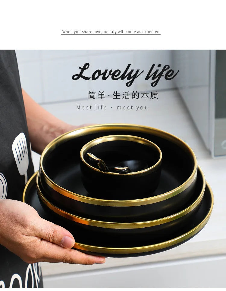 Gilt Rim Black Porcelain Dinner Plates Kitchen Dishes Ceramics Tableware Food Tray Rice Salad Noodles Bowl Cutlery Set