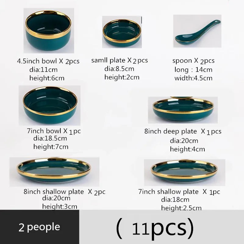 Green With Gold Inlay Quality Plates Full Set Luxury Steak Food Tray Ceramic Dinner Dish Salad Bowl Spoon Porcelain Dinnerware