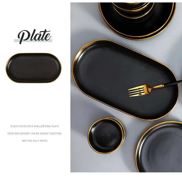 Gilt Rim Black Porcelain Dinner Plates Kitchen Dishes Ceramics Tableware Food Tray Rice Salad Noodles Bowl Cutlery Set