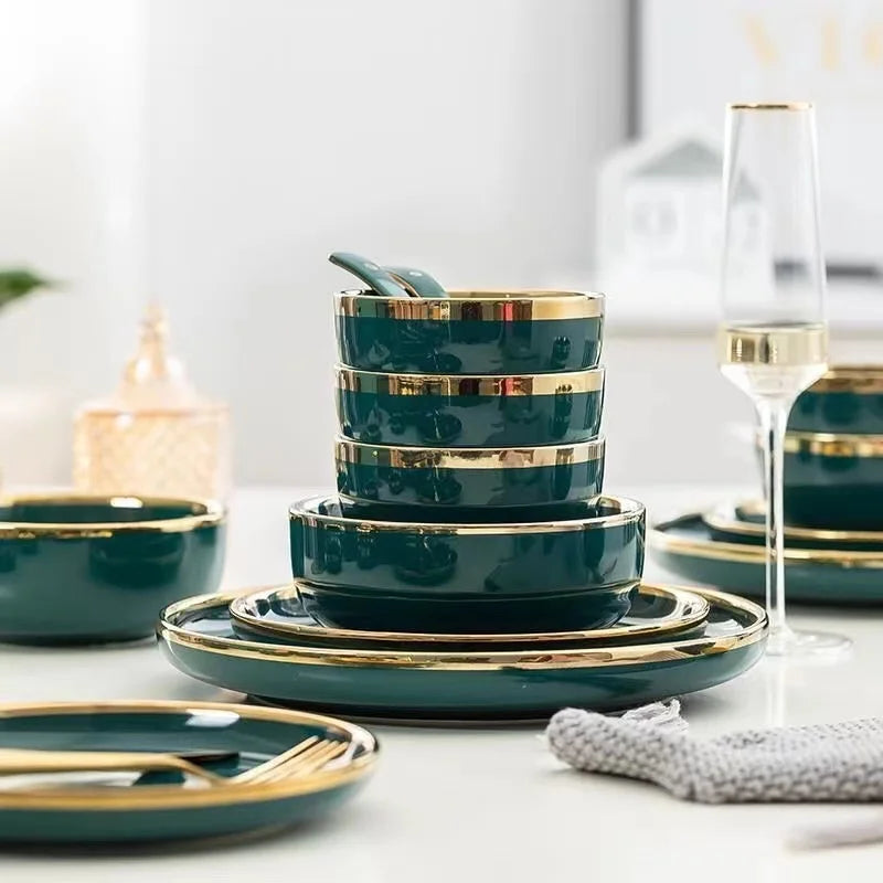 Green With Gold Inlay Quality Plates Full Set Luxury Steak Food Tray Ceramic Dinner Dish Salad Bowl Spoon Porcelain Dinnerware