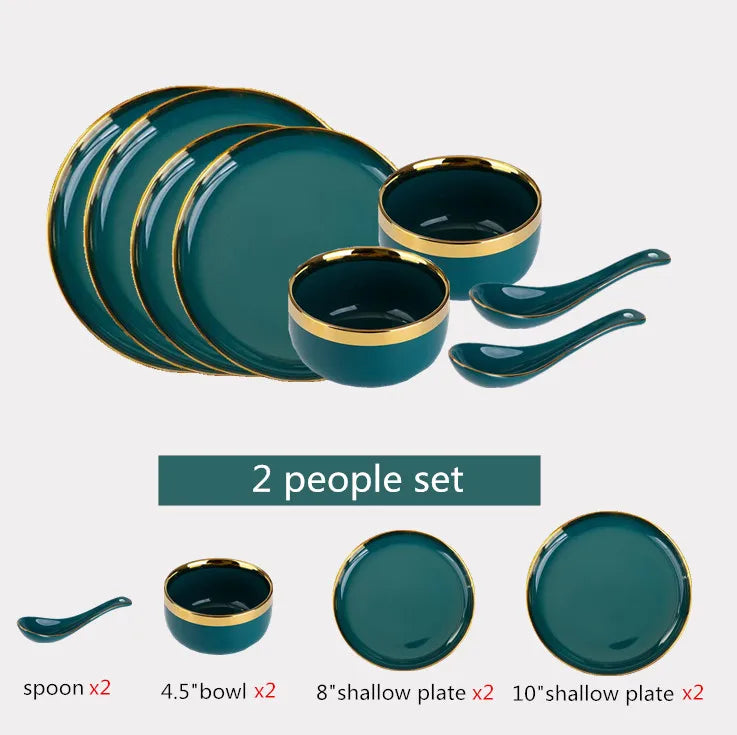 Green With Gold Inlay Quality Plates Full Set Luxury Steak Food Tray Ceramic Dinner Dish Salad Bowl Spoon Porcelain Dinnerware