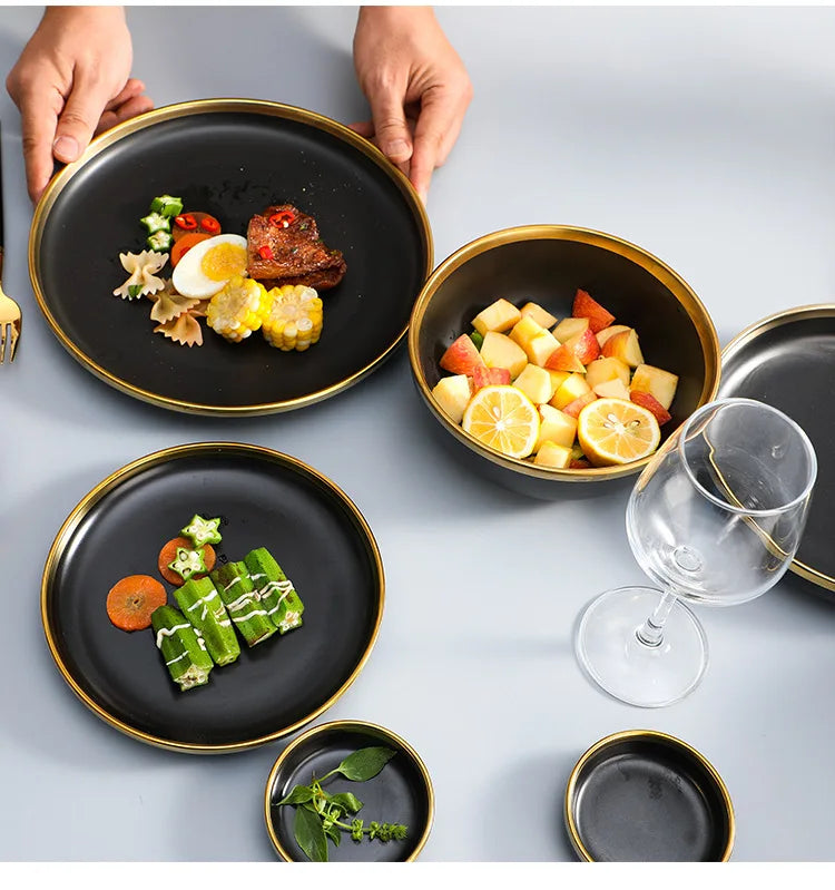 Gilt Rim Black Porcelain Dinner Plates Kitchen Dishes Ceramics Tableware Food Tray Rice Salad Noodles Bowl Cutlery Set
