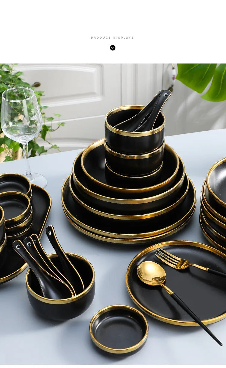 Gilt Rim Black Porcelain Dinner Plates Kitchen Dishes Ceramics Tableware Food Tray Rice Salad Noodles Bowl Cutlery Set
