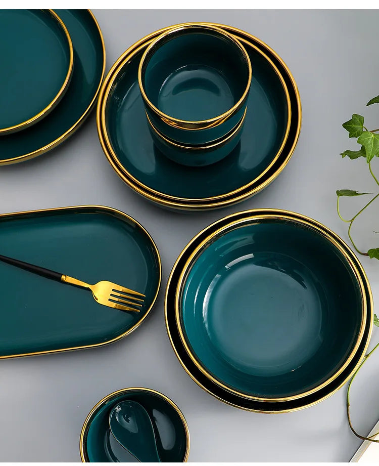 Gilt Rim Green Ceramic Plate Steak Food Plates Bowls Ins Dinner Dish Luxurious Porcelain Dinnerware Set For Family Hotel