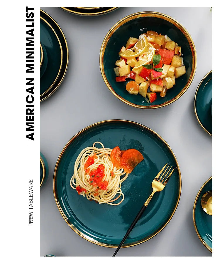 Gilt Rim Green Ceramic Plate Steak Food Plates Bowls Ins Dinner Dish Luxurious Porcelain Dinnerware Set For Family Hotel