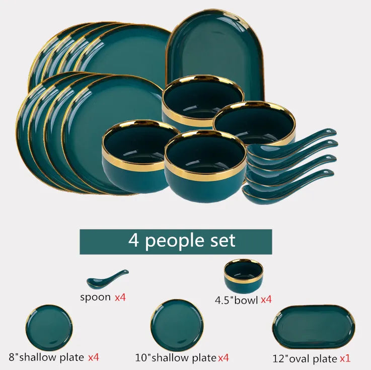 Gilt Rim Green Ceramic Plate Steak Food Plates Bowls Ins Dinner Dish Luxurious Porcelain Dinnerware Set For Family Hotel