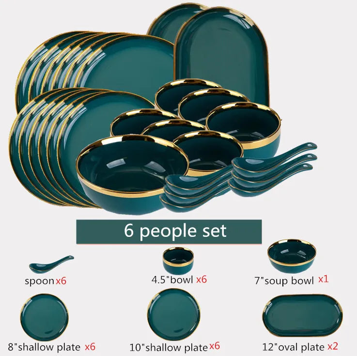 Green With Gold Inlay Quality Plates Full Set Luxury Steak Food Tray Ceramic Dinner Dish Salad Bowl Spoon Porcelain Dinnerware