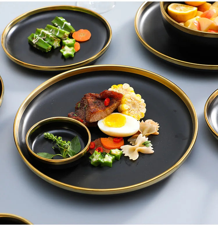 Gilt Rim Black Porcelain Dinner Plates Kitchen Dishes Ceramics Tableware Food Tray Rice Salad Noodles Bowl Cutlery Set