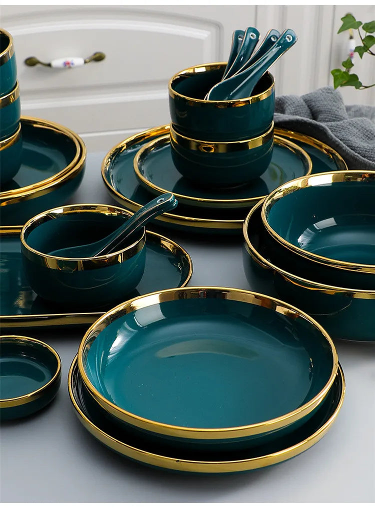 Gilt Rim Green Ceramic Plate Steak Food Plates Bowls Ins Dinner Dish Luxurious Porcelain Dinnerware Set For Family Hotel