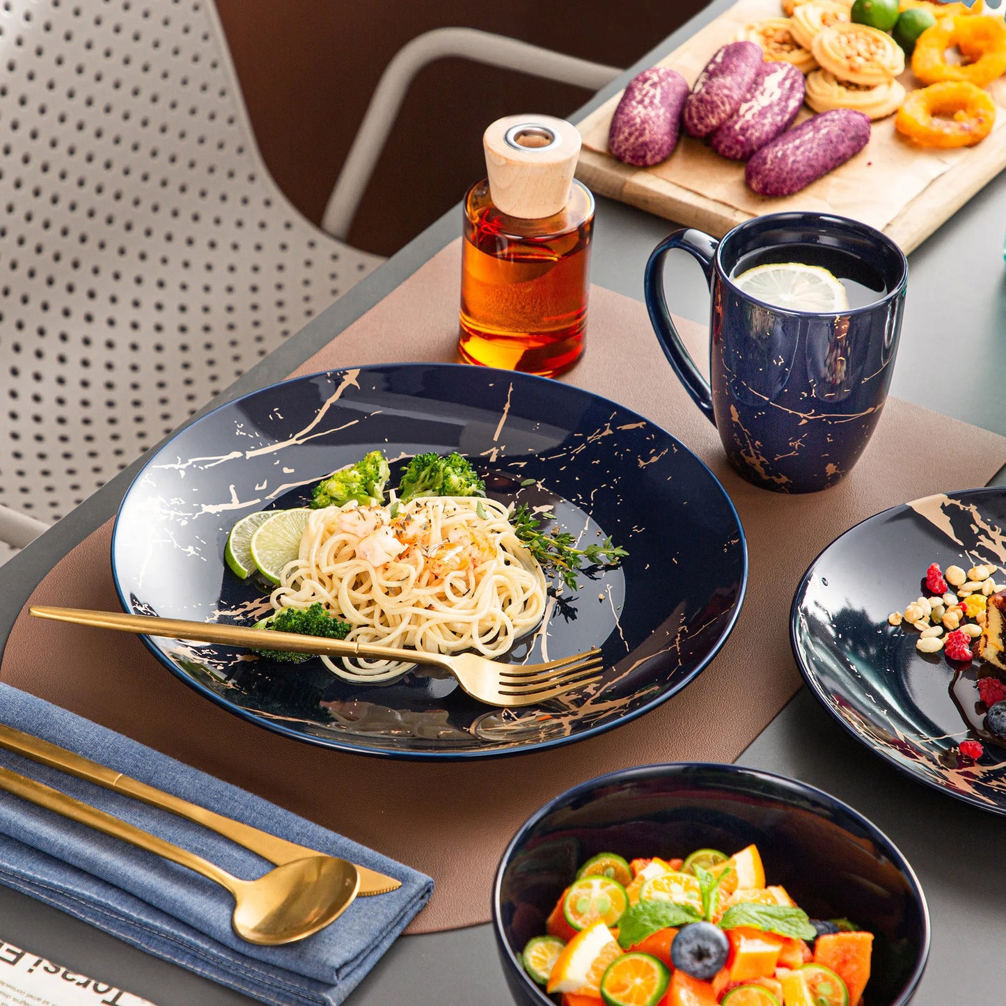 LOVECASA Dark Blue 16/32/48 Piece Procelain Tableware Set Design By Gold Splash with Dinner Plate,Cake plate,Bowls,Coffee Cups
