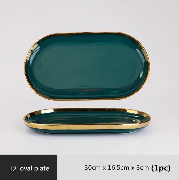 Gilt Rim Green Ceramic Plate Steak Food Plates Bowls Ins Dinner Dish Luxurious Porcelain Dinnerware Set For Family Hotel