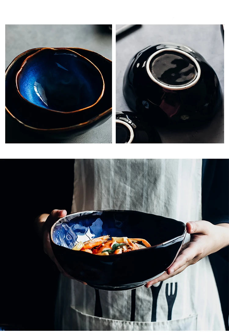 KINGLANG 1/2/4 Person Tableware Set Blue Color Ceramics Irregular Shape Dinner Set Dishes Plate