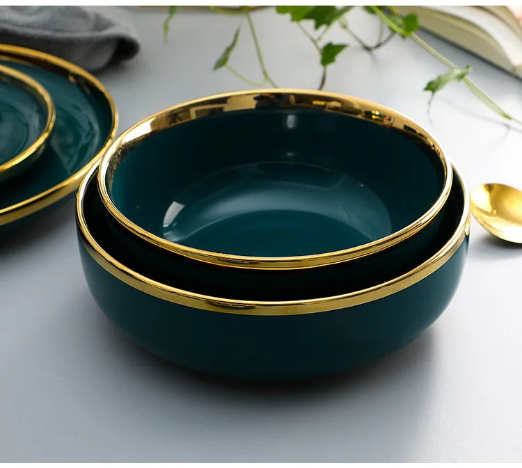 Green With Gold Inlay Quality Plates Full Set Luxury Steak Food Tray Ceramic Dinner Dish Salad Bowl Spoon Porcelain Dinnerware