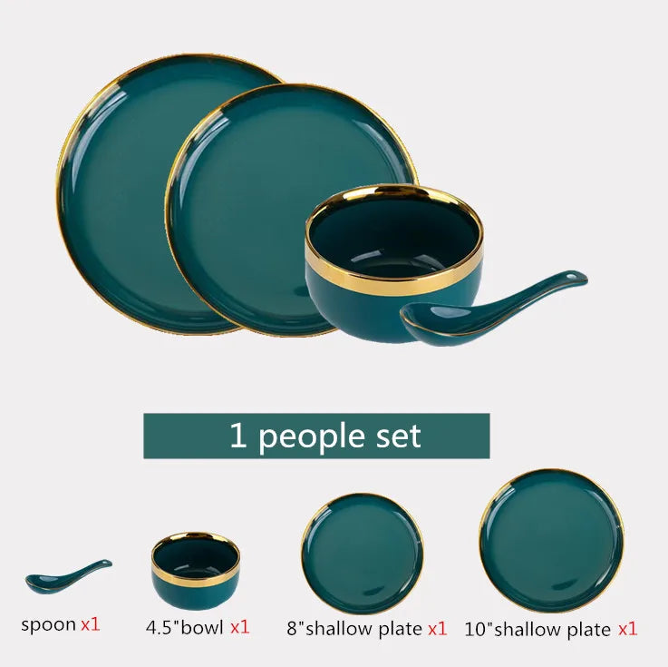 Green With Gold Inlay Quality Plates Full Set Luxury Steak Food Tray Ceramic Dinner Dish Salad Bowl Spoon Porcelain Dinnerware