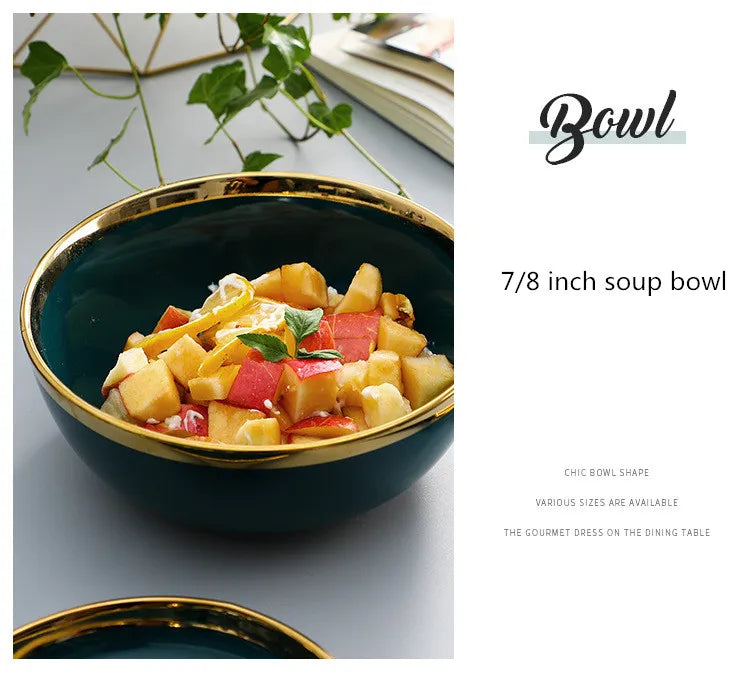 Gilt Rim Green Ceramic Plate Steak Food Plates Bowls Ins Dinner Dish Luxurious Porcelain Dinnerware Set For Family Hotel