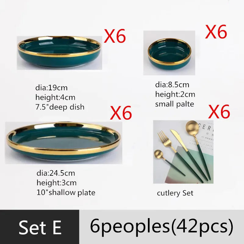 Gilt Rim Green Ceramic Plate Steak Food Plates Bowls Ins Dinner Dish Luxurious Porcelain Dinnerware Set For Family Hotel