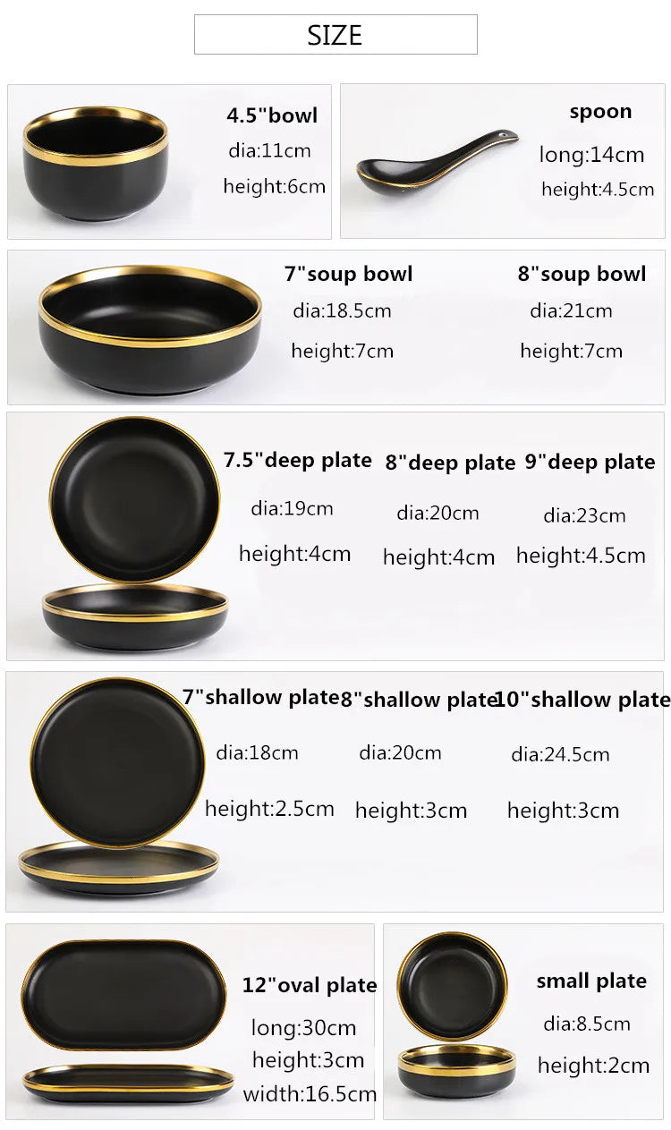 Gilt Rim Black Porcelain Dinner Plates Kitchen Dishes Ceramics Tableware Food Tray Rice Salad Noodles Bowl Cutlery Set