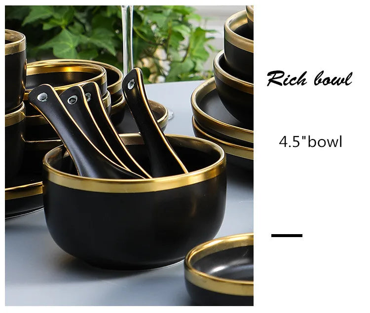 Gilt Rim Black Porcelain Dinner Plates Kitchen Dishes Ceramics Tableware Food Tray Rice Salad Noodles Bowl Cutlery Set