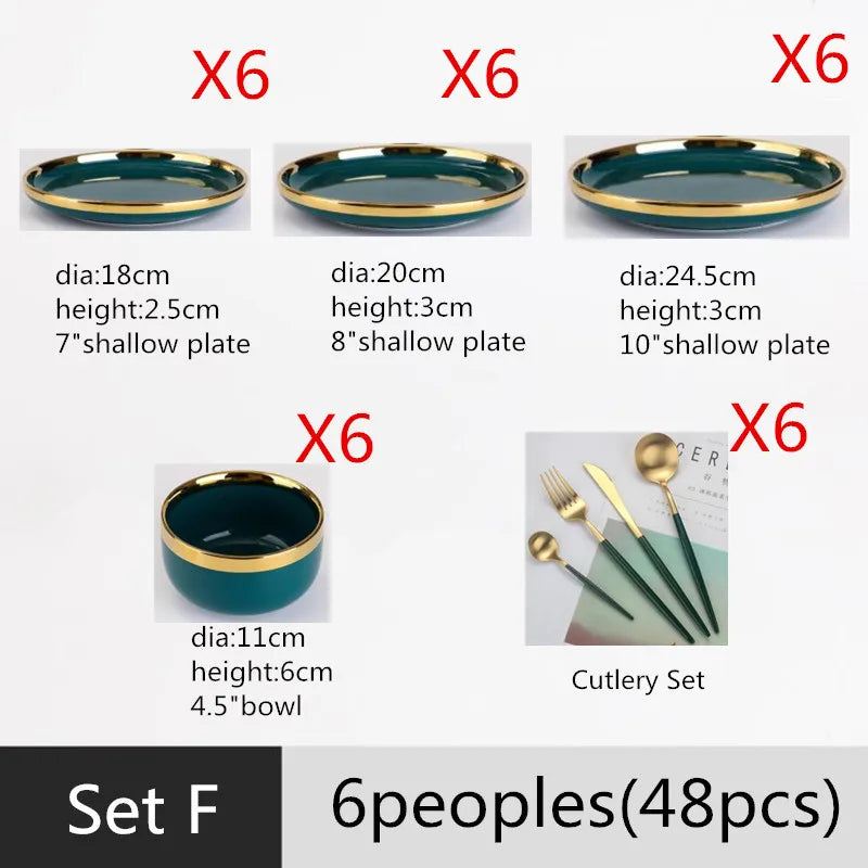Gilt Rim Green Ceramic Plate Steak Food Plates Bowls Ins Dinner Dish Luxurious Porcelain Dinnerware Set For Family Hotel