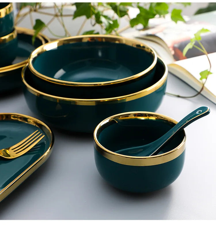 Green With Gold Inlay Quality Plates Full Set Luxury Steak Food Tray Ceramic Dinner Dish Salad Bowl Spoon Porcelain Dinnerware