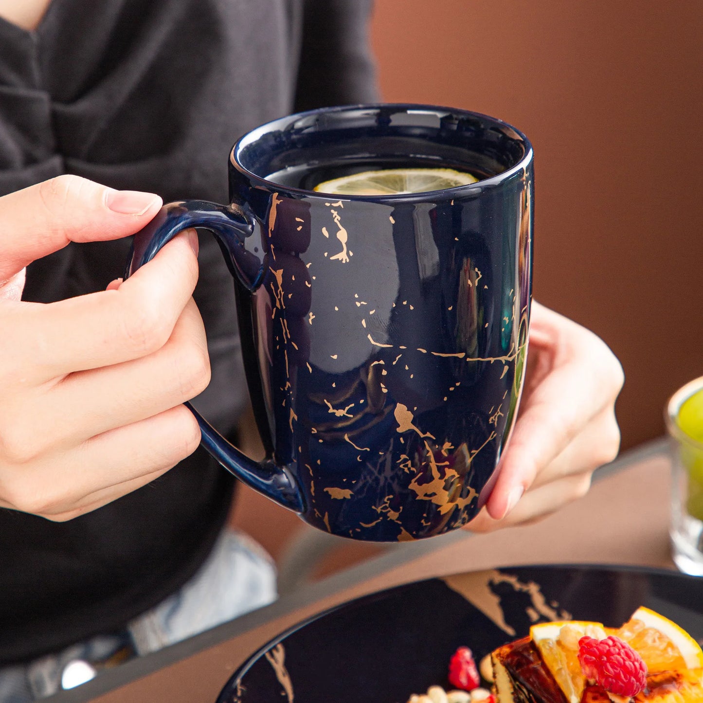 LOVECASA Dark Blue 16/32/48 Piece Procelain Tableware Set Design By Gold Splash with Dinner Plate,Cake plate,Bowls,Coffee Cups