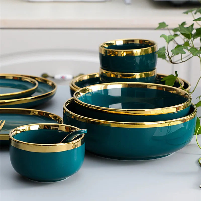 Green With Gold Inlay Quality Plates Full Set Luxury Steak Food Tray Ceramic Dinner Dish Salad Bowl Spoon Porcelain Dinnerware
