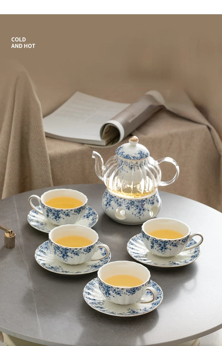 Ceramic tea set Garden style English style afternoon tea retro flower tea teapot can be heated blue and white cup saucer pot set