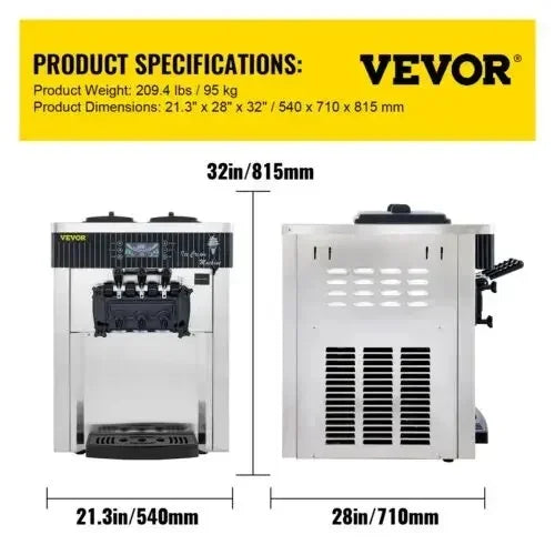 VEVOR Soft Ice Cream Machines 18-28L/H Commercial Sorbet Coolers Tricolor Desktop Sweet Cone Freezing Equipment Vending Machine
