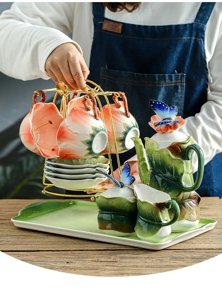 Ceramic Tea Set Teapot Teacup Artificial Flower Shape Cup and Saucer Set Coffee Mug Afternoon Tea Accessories Porcelain