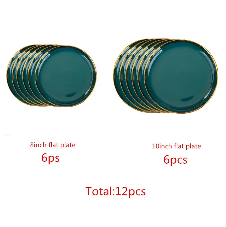 Gilt Rim Green Ceramic Plate Steak Food Plates Bowls Ins Dinner Dish Luxurious Porcelain Dinnerware Set For Family Hotel