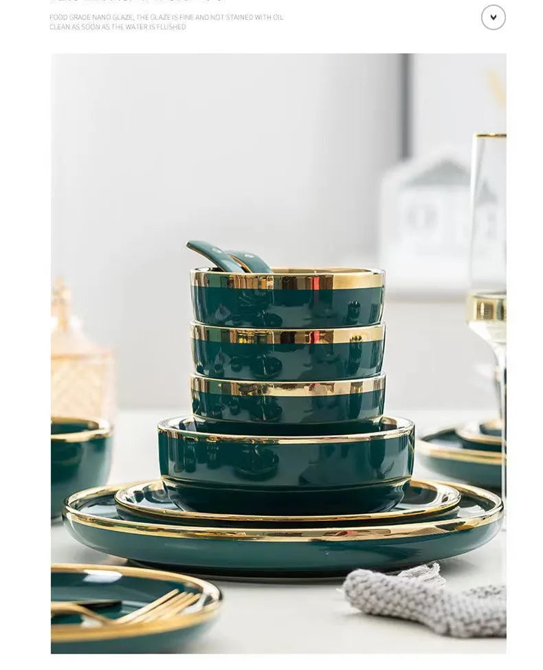 Green With Gold Inlay Quality Plates Full Set Luxury Steak Food Tray Ceramic Dinner Dish Salad Bowl Spoon Porcelain Dinnerware