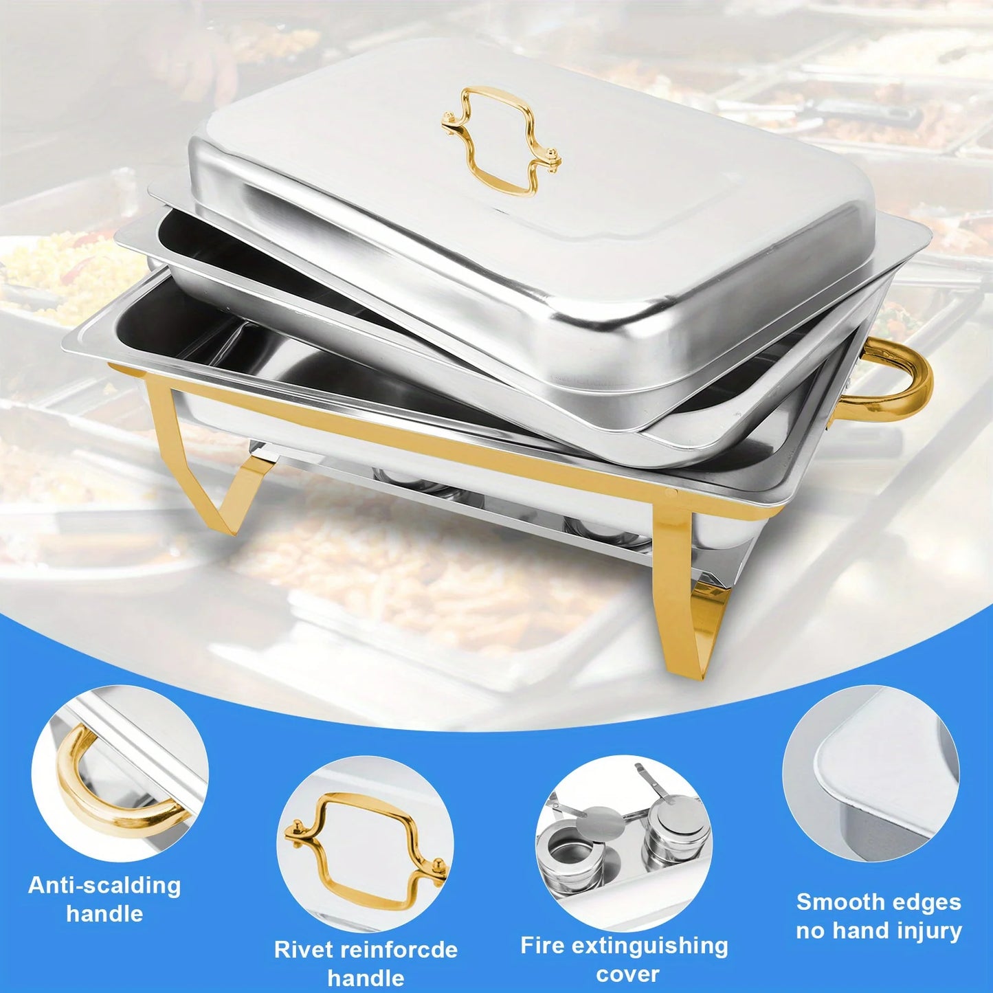 8pcs 9QT Golden Stainless Steel Chafing Dishes for Buffet,  Buffet Warmers Sets for Parties Weddings Catering Buffet