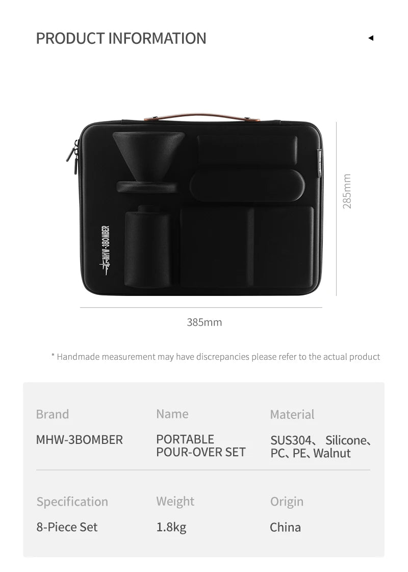 MHW-3BOMBER Pour Over Coffee Kits with Dripper Coffee Pot Coffee Grinder Scale Portable Handbag Outdoor Barista Christmas Gifts