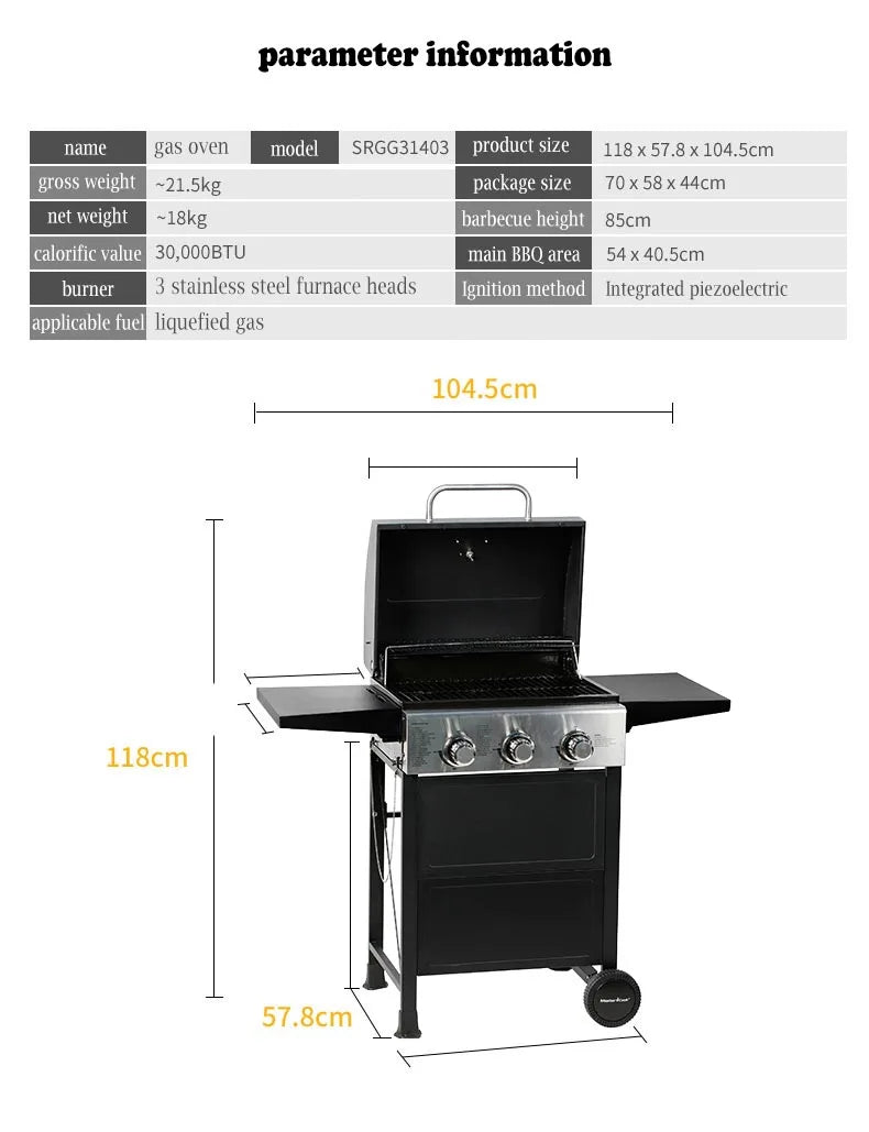 3-burner classic American gas barbecue stove
