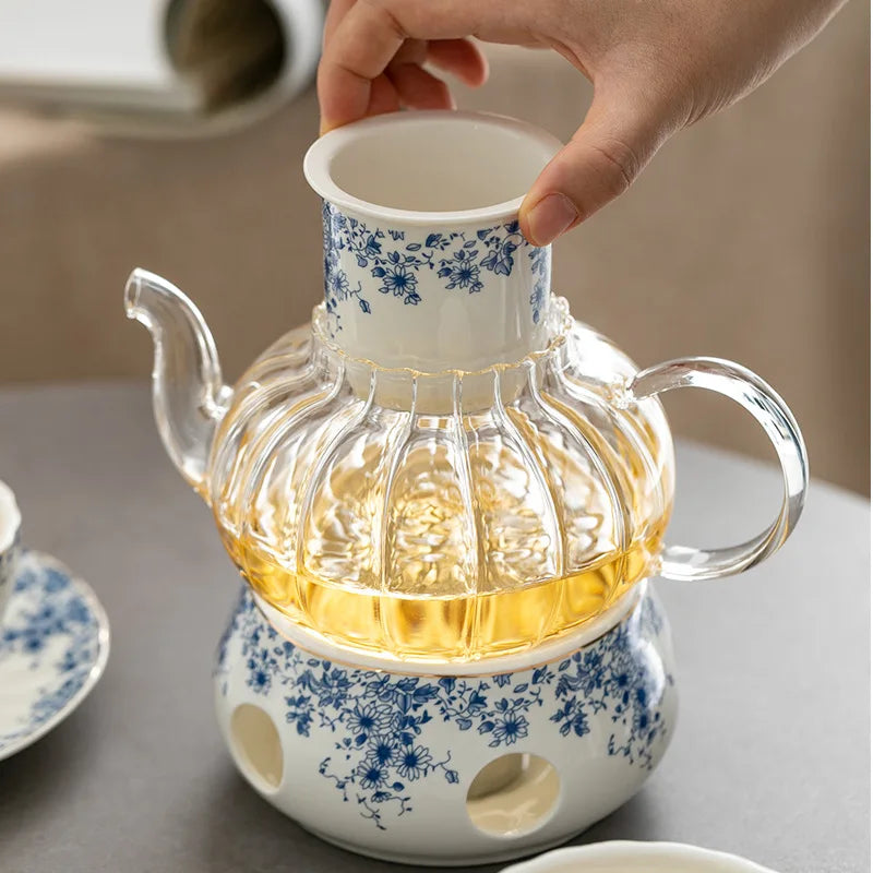 Ceramic tea set Garden style English style afternoon tea retro flower tea teapot can be heated blue and white cup saucer pot set
