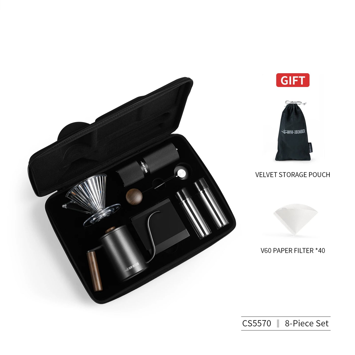 MHW-3BOMBER Pour Over Coffee Kits with Dripper Coffee Pot Coffee Grinder Scale Portable Handbag Outdoor Barista Christmas Gifts