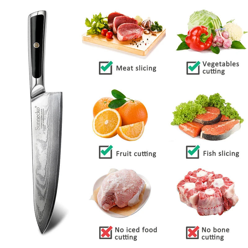 Sunnecko 1-8PCS/Set Chef's Knives 73 Layers VG10 Damascus Steel Japanese Slicing Knife Utility Paring Cleaver Cutting Knife