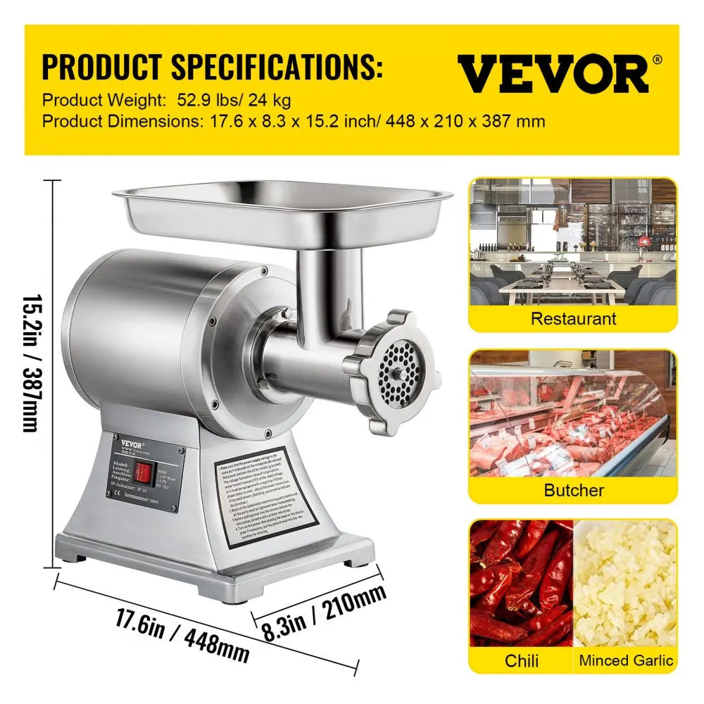 VEVOR Commercial Meat Grinder 550LB/h Electric Sausage Maker Stainless Steel with 2 Blades, Grinding Plates & Stuffing Tubes