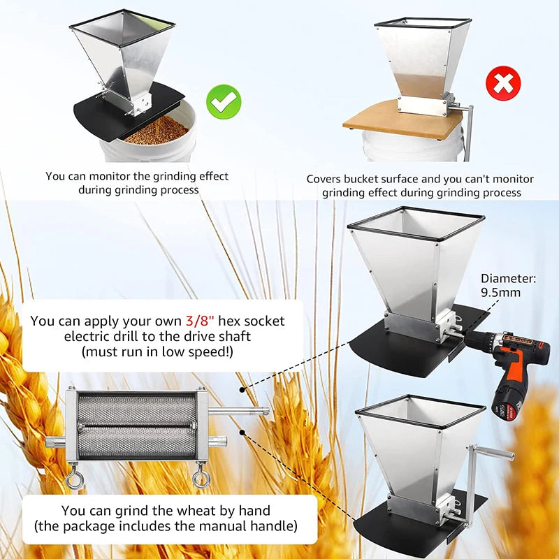 7.7LB Manual Malt Mill 2 Roller Stainless Steel Grain Crusher With Metal Base for Wheat Corn,Compatible with Electric Drill