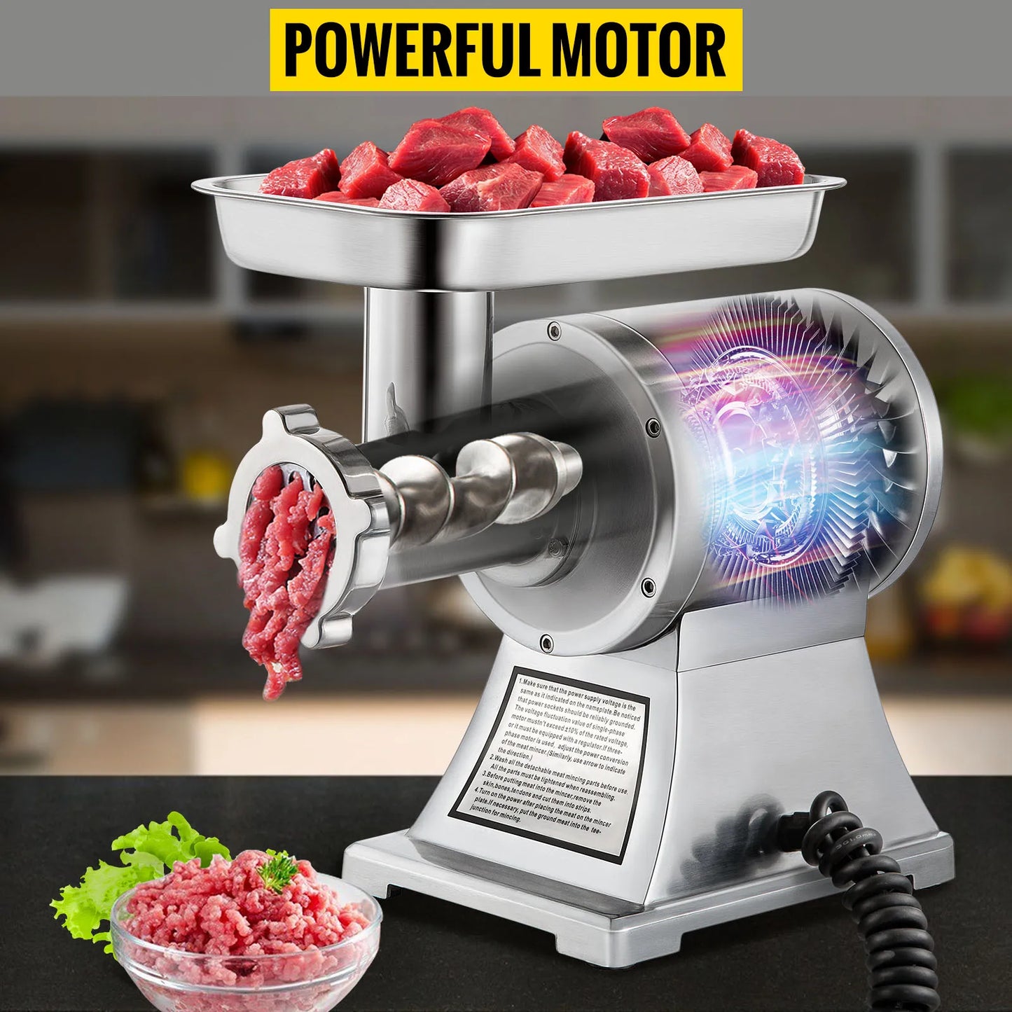 VEVOR Commercial Meat Grinder 550LB/h Electric Sausage Maker Stainless Steel with 2 Blades, Grinding Plates & Stuffing Tubes
