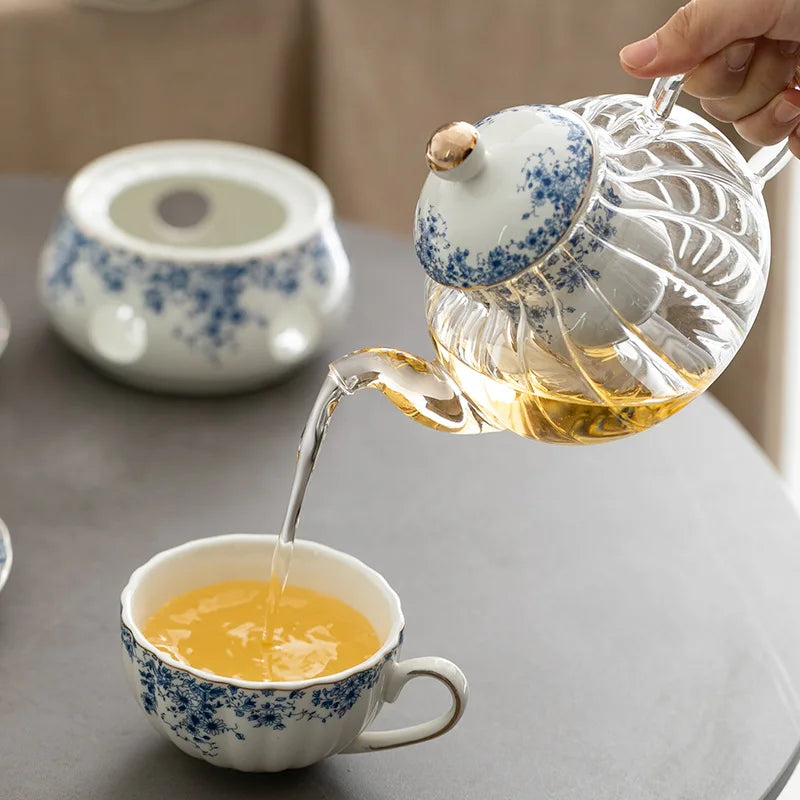 Ceramic tea set Garden style English style afternoon tea retro flower tea teapot can be heated blue and white cup saucer pot set