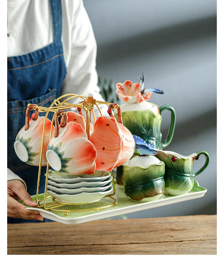 Ceramic Tea Set Teapot Teacup Artificial Flower Shape Cup and Saucer Set Coffee Mug Afternoon Tea Accessories Porcelain