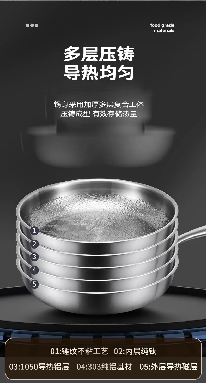 KENGQIANG Pure titanium frying pan Fish scale hammer uncoated non-stick pan Induction cooker universal with lid