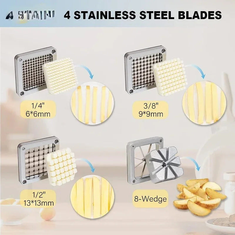 Commercial French Fry Cutter with 1/2'' 3/8'' 1/4'' 8-Wedge Stainless Steel BladesPotato Cutter Dicer Manual Vegetable Chopper