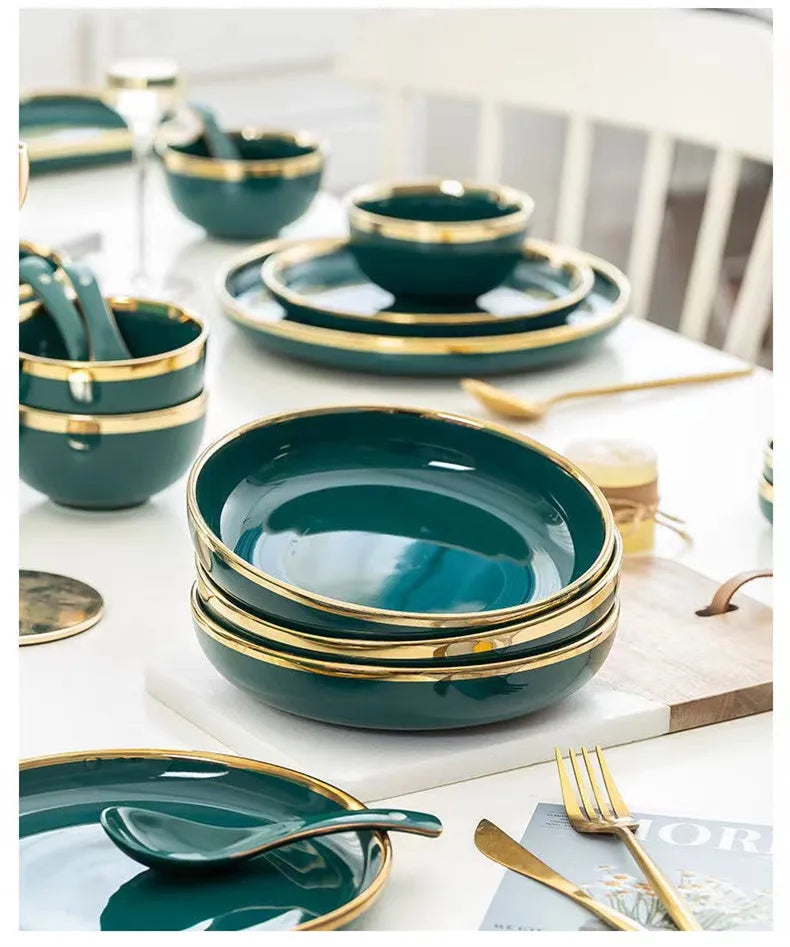 Green With Gold Inlay Quality Plates Full Set Luxury Steak Food Tray Ceramic Dinner Dish Salad Bowl Spoon Porcelain Dinnerware